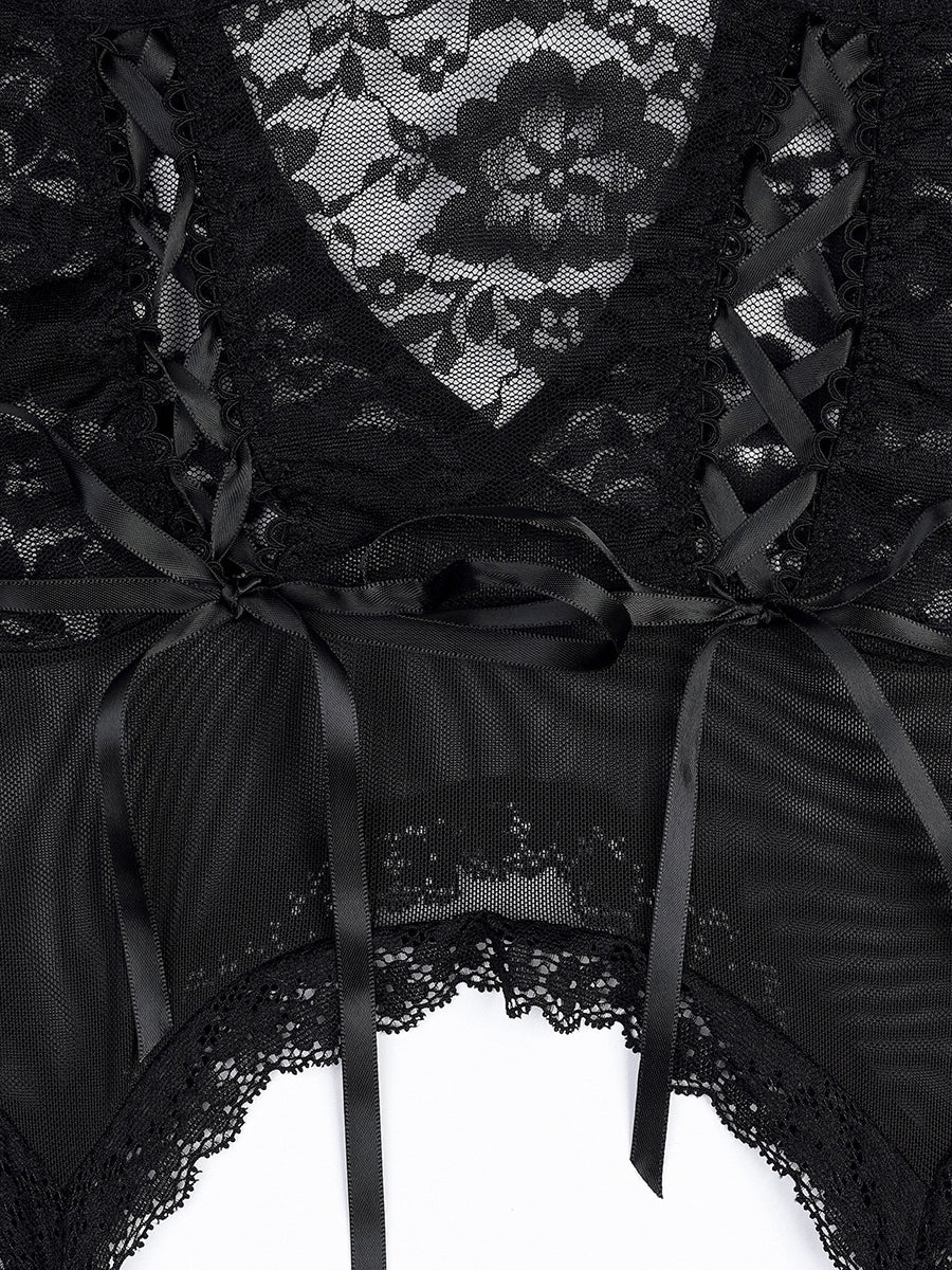 Hot sale sexy black lace lingerie 4 piece set with stockings