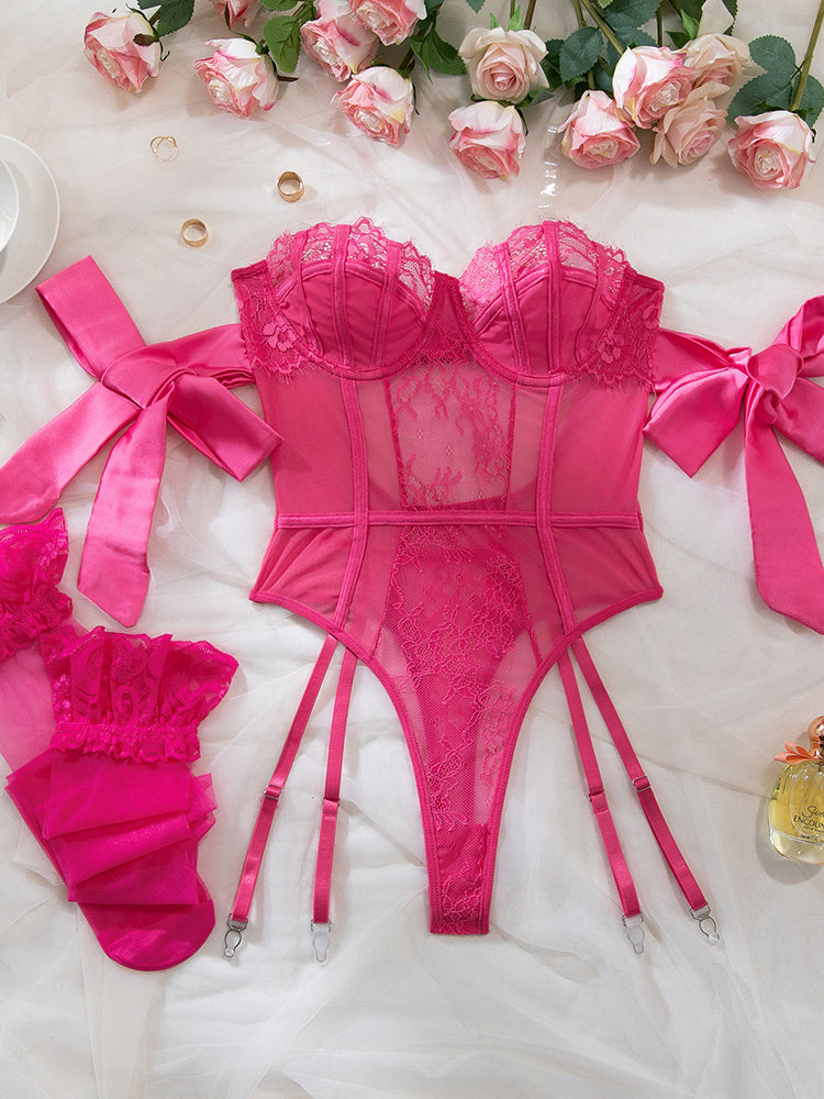 Lace Bow Underwire Bodysuit Set