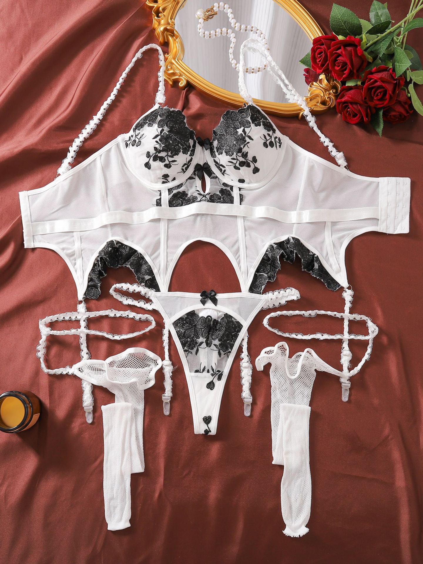 Long fishnet stockings with legs embroidered with flowers suspenders sexy lingerie set
