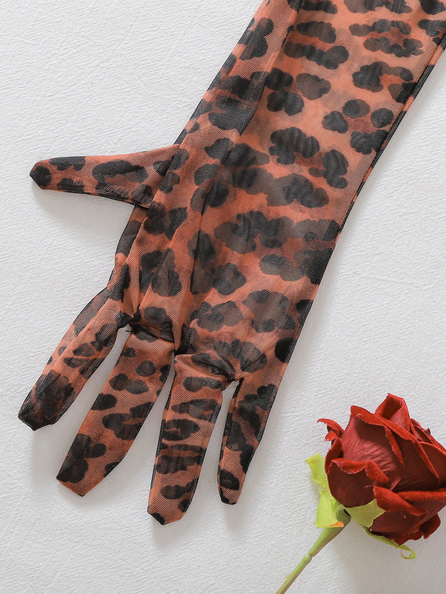 Sexy sheer leopard-print bodysuit featuring a bow, open-crotch design, gloves, and thigh-high stockings.