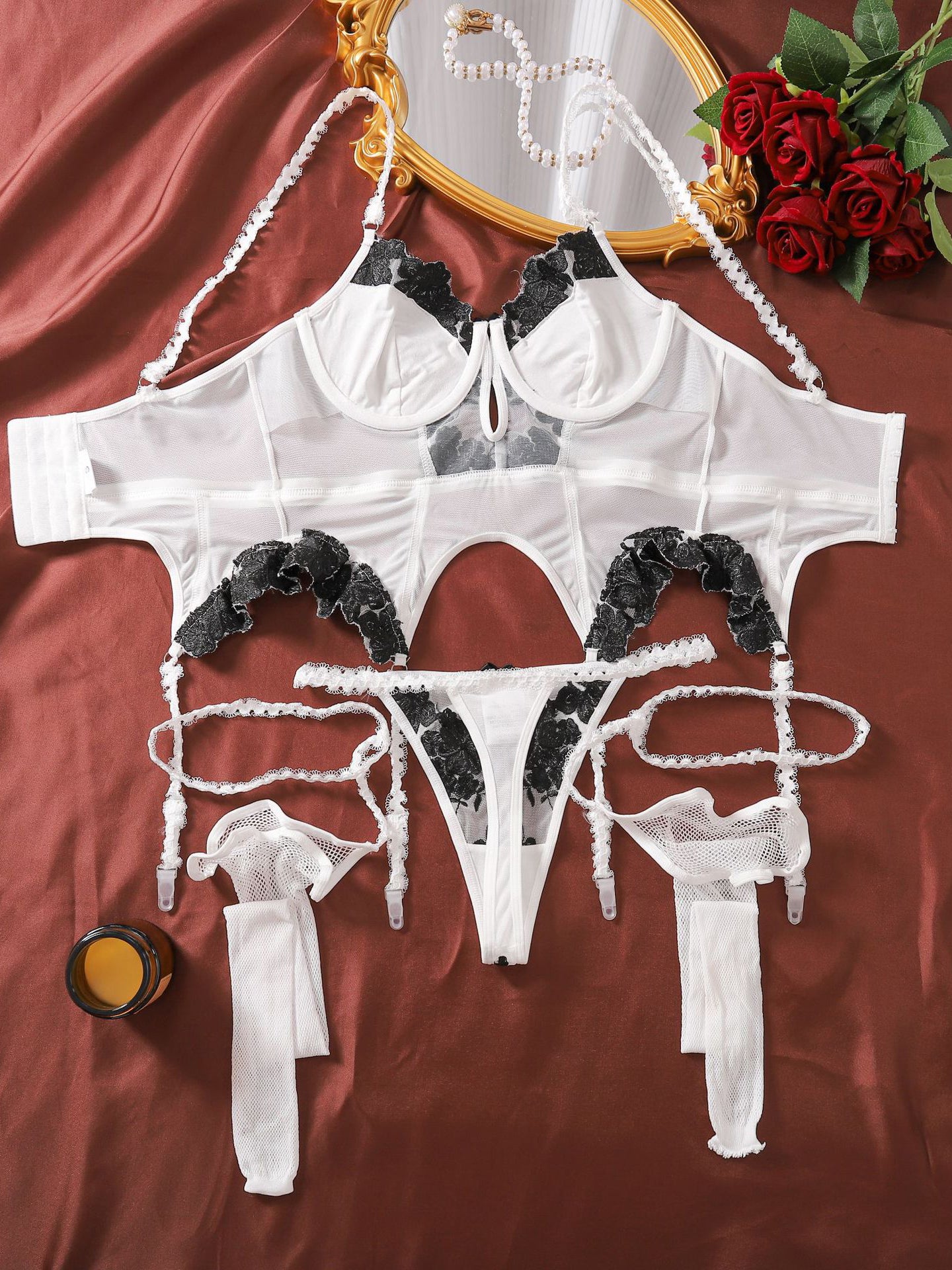 Long fishnet stockings with legs embroidered with flowers suspenders sexy lingerie set