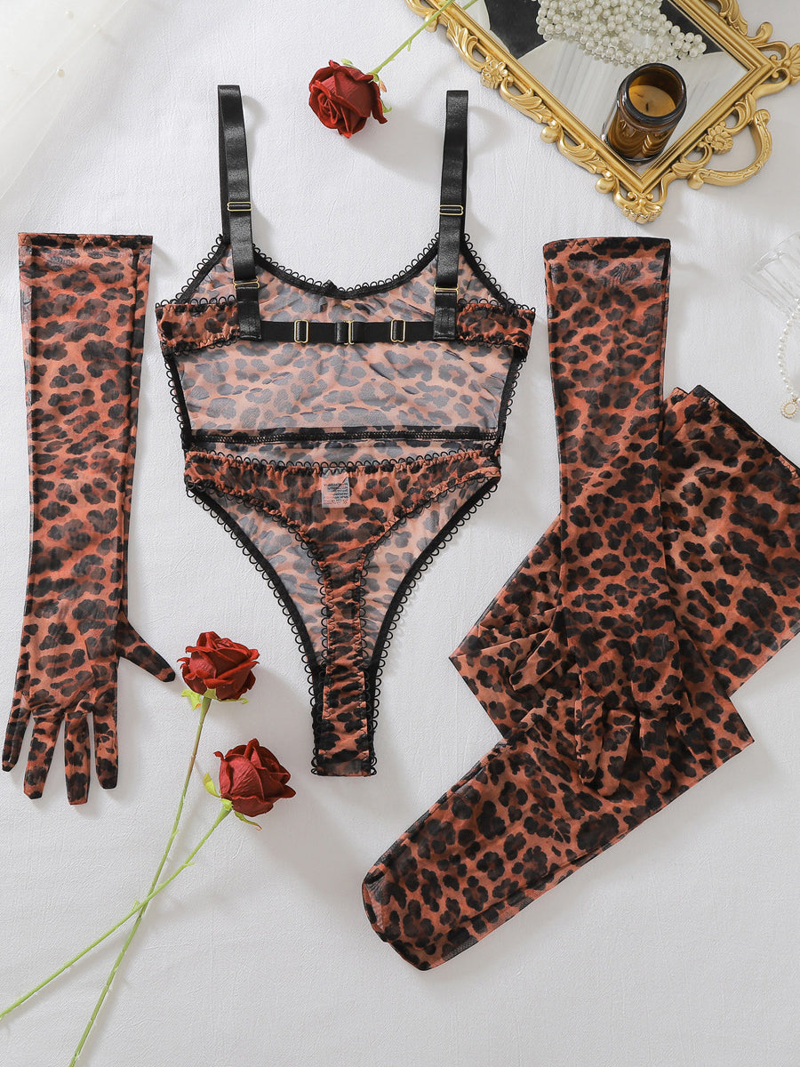 Sexy sheer leopard-print bodysuit featuring a bow, open-crotch design, gloves, and thigh-high stockings.
