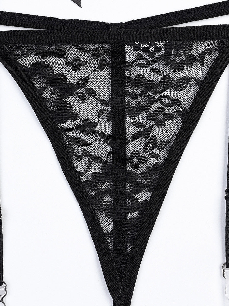 Hot sale sexy black lace lingerie 4 piece set with stockings