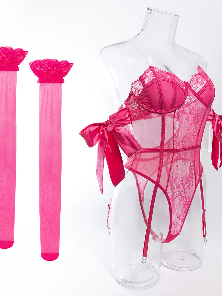Lace Bow Underwire Bodysuit Set