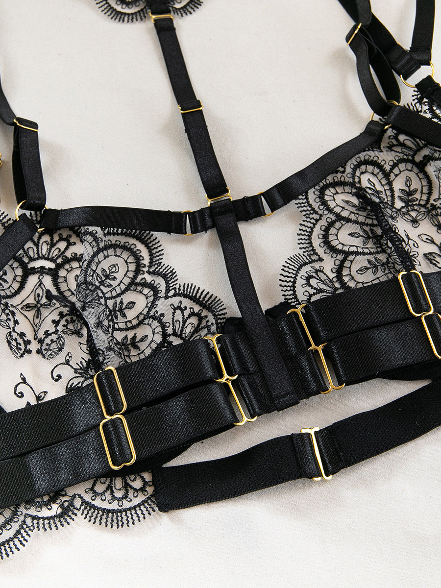 Hot sexy lingerie embroidery splicing garter mesh five-piece set