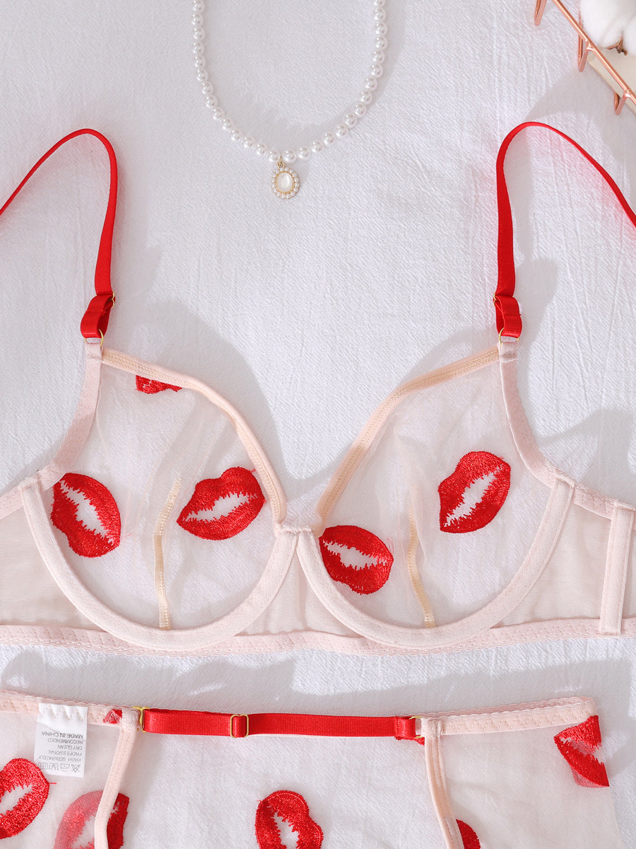Embroidered red lips sexy lingerie set