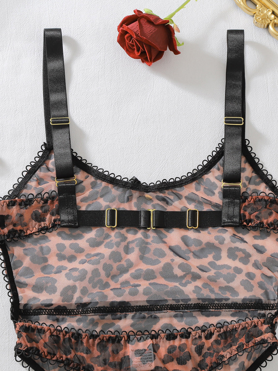Sexy sheer leopard-print bodysuit featuring a bow, open-crotch design, gloves, and thigh-high stockings.