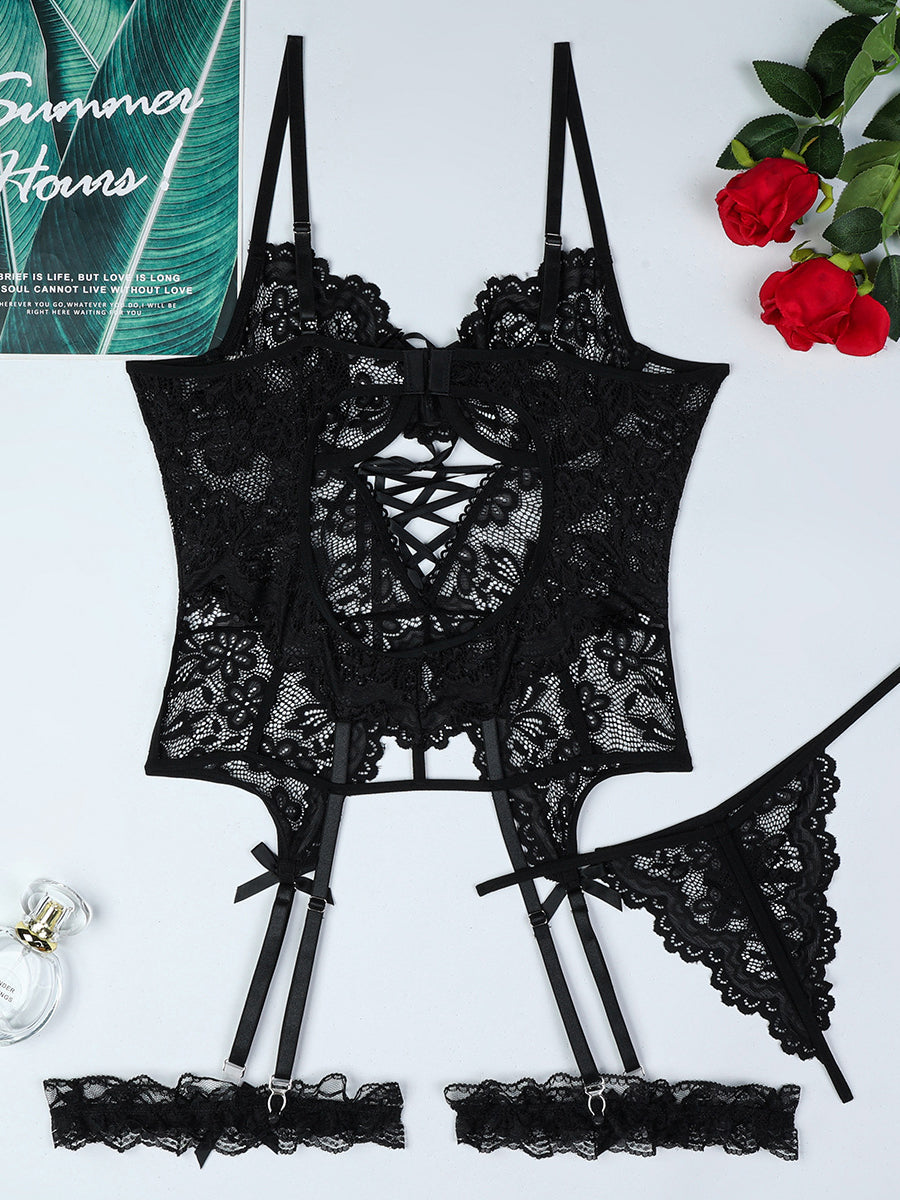 Lace cross strap white sexy lingerie set suspenders sexy three piece set