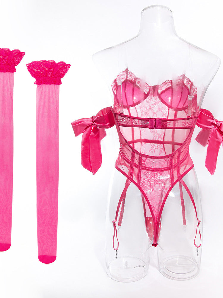 Lace Bow Underwire Bodysuit Set