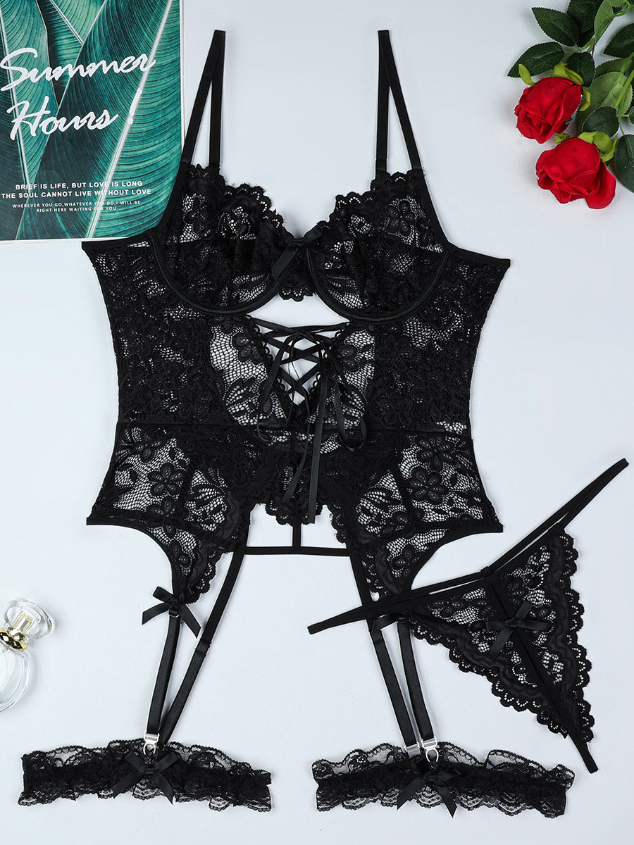 Lace cross strap white sexy lingerie set suspenders sexy three piece set