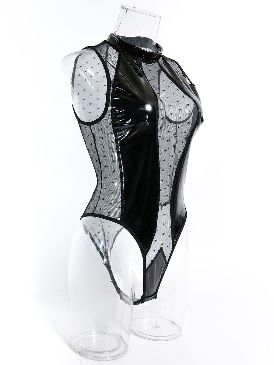 Sexy Sheer Mesh and PU Leather Polka-Dot Bodysuit Lingerie