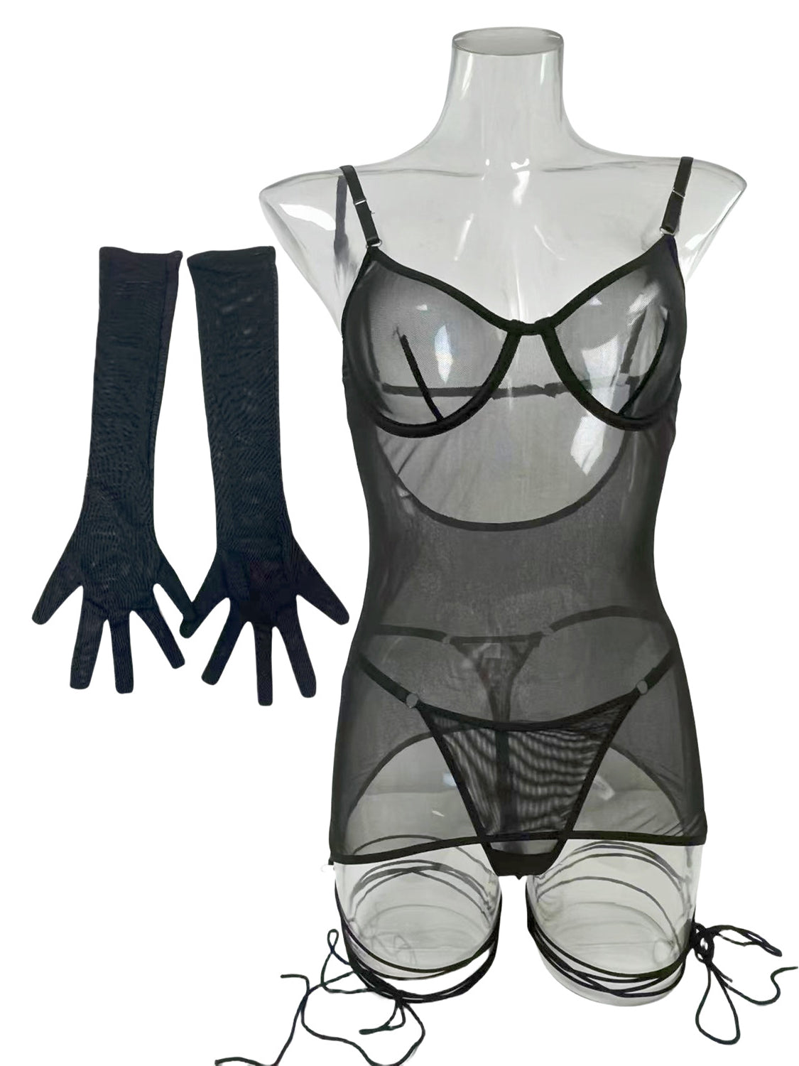 Women's Sexy Underwear 3 Piece Set Mesh Backless Tie Lingerie Sheer Hollow Bodysuit