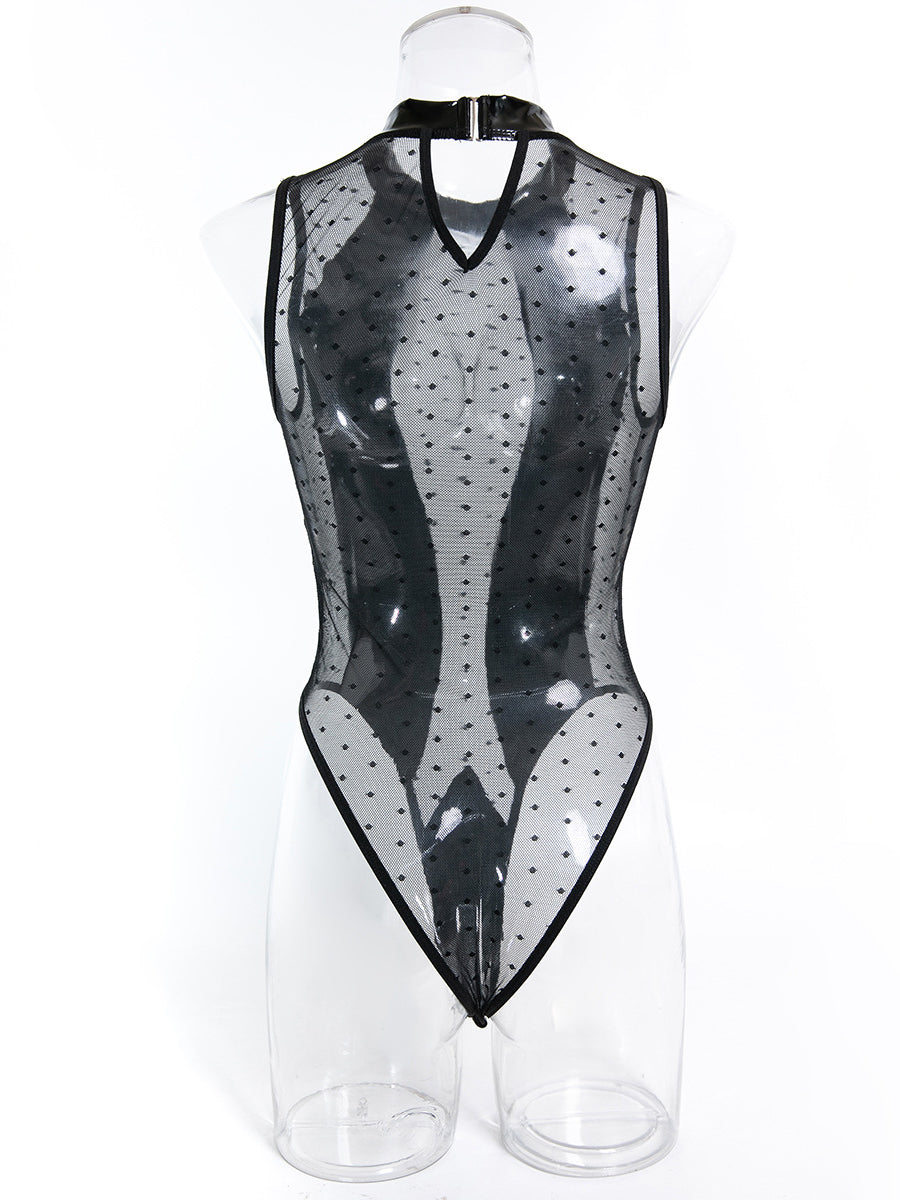 Sexy Sheer Mesh and PU Leather Polka-Dot Bodysuit Lingerie
