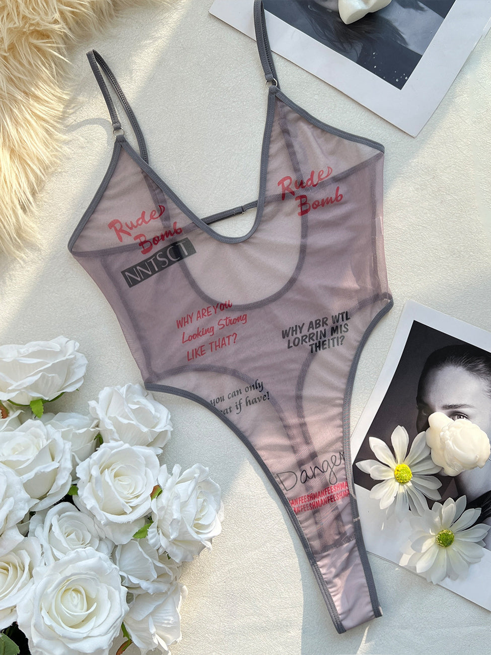 Sexy Letter-Print Erotic Bodysuit