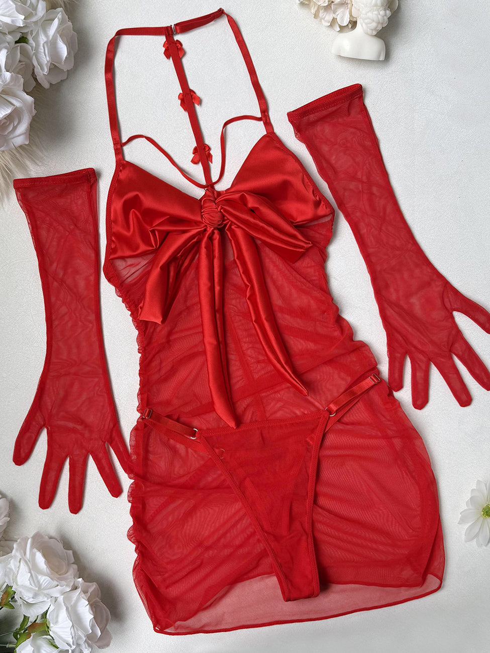 Sexy sheer mesh bow-accented lingerie set with matching gloves