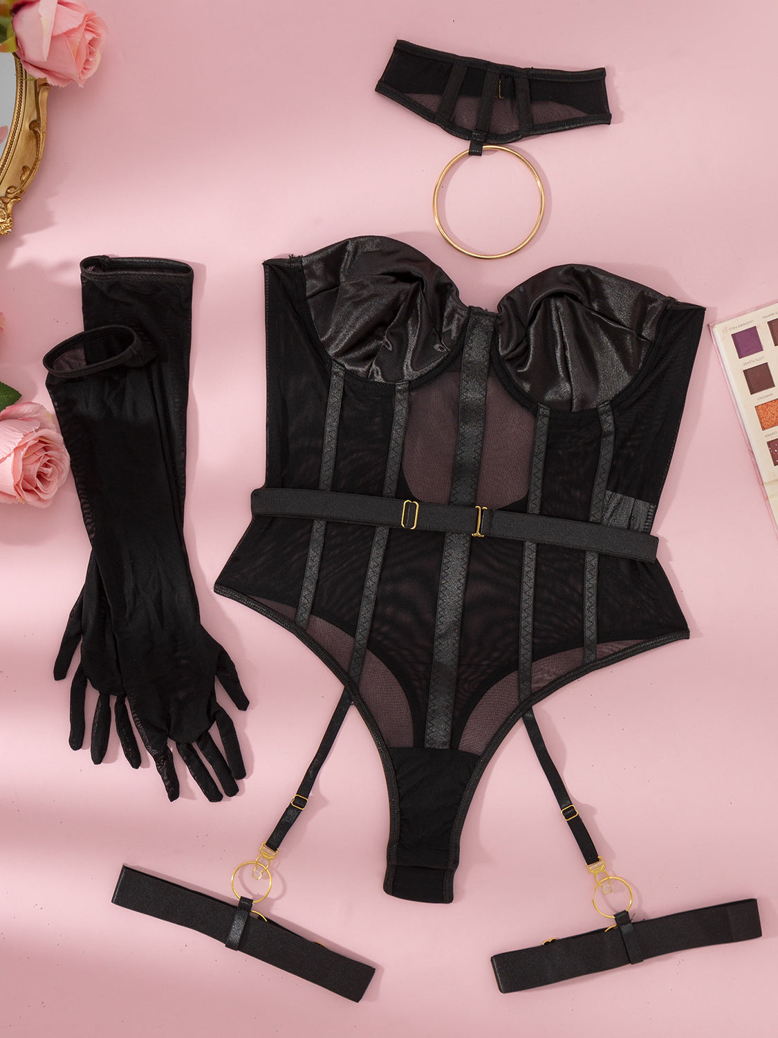 Sexy underwired mesh shapewear bodysuit set with leg rings.