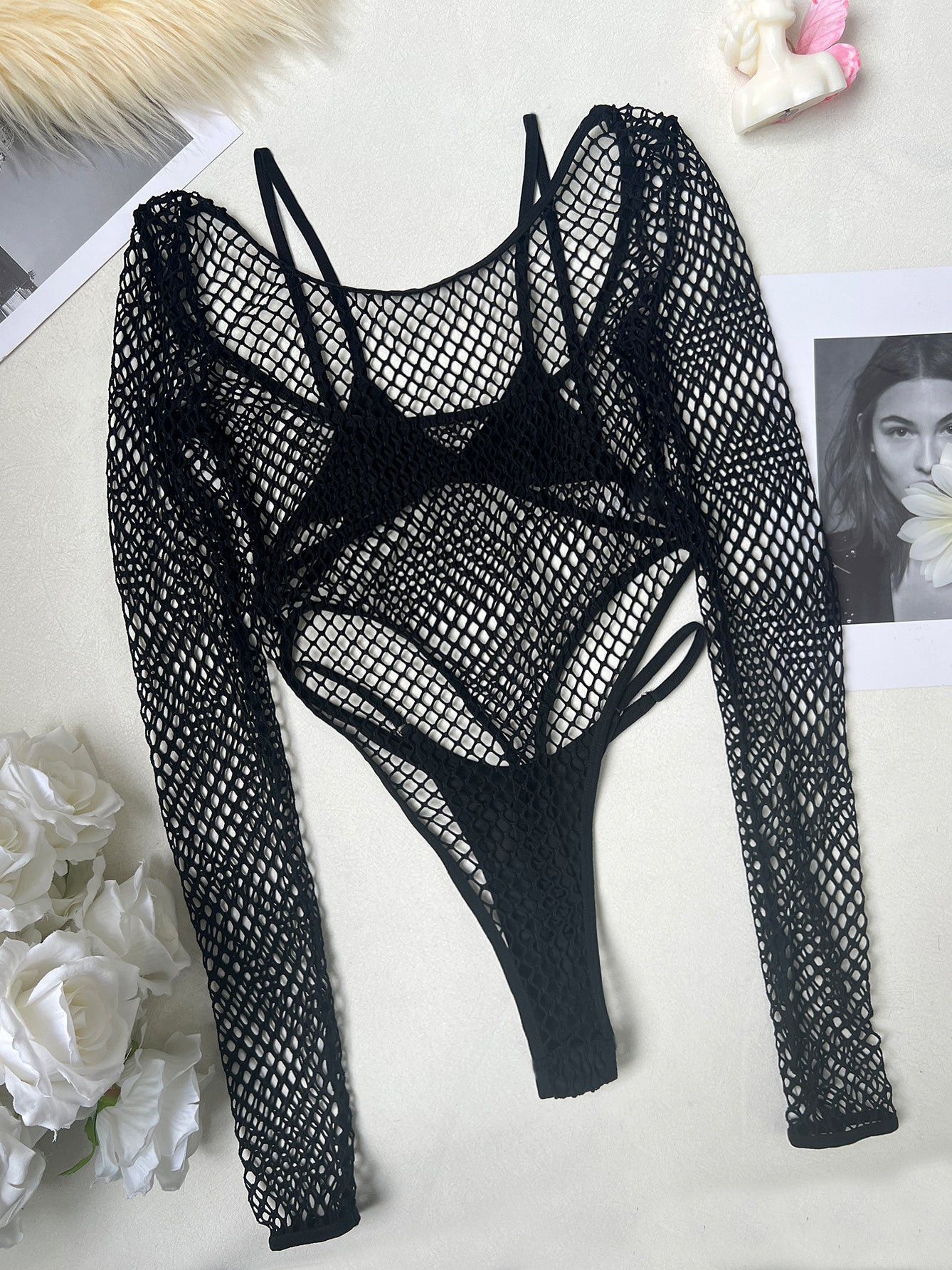 Sexy fishnet lingerie set (bodysuit, bra, and panties)