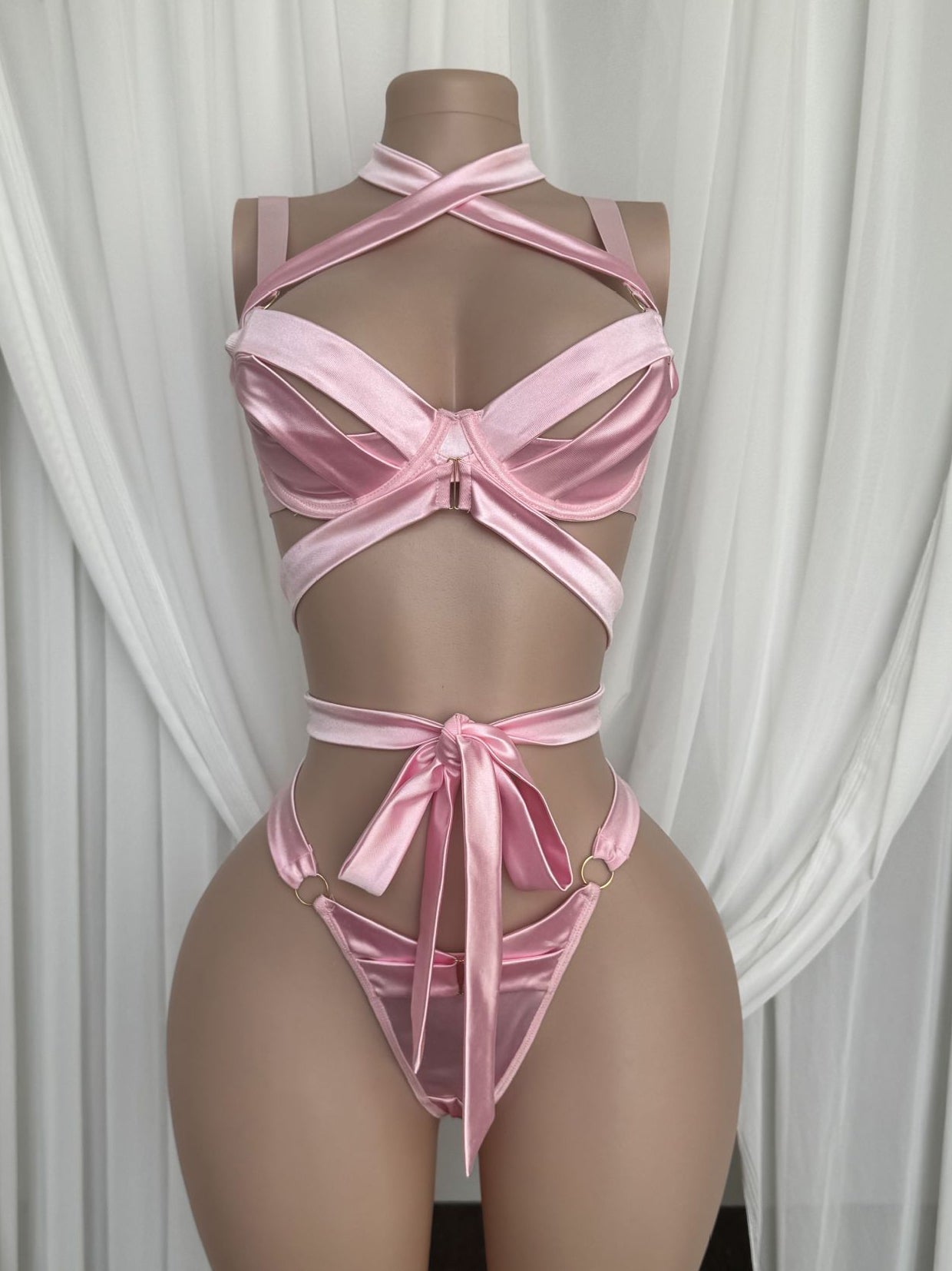 Bestselling New Summer Pink Satin Bow-Tie Lingerie Set