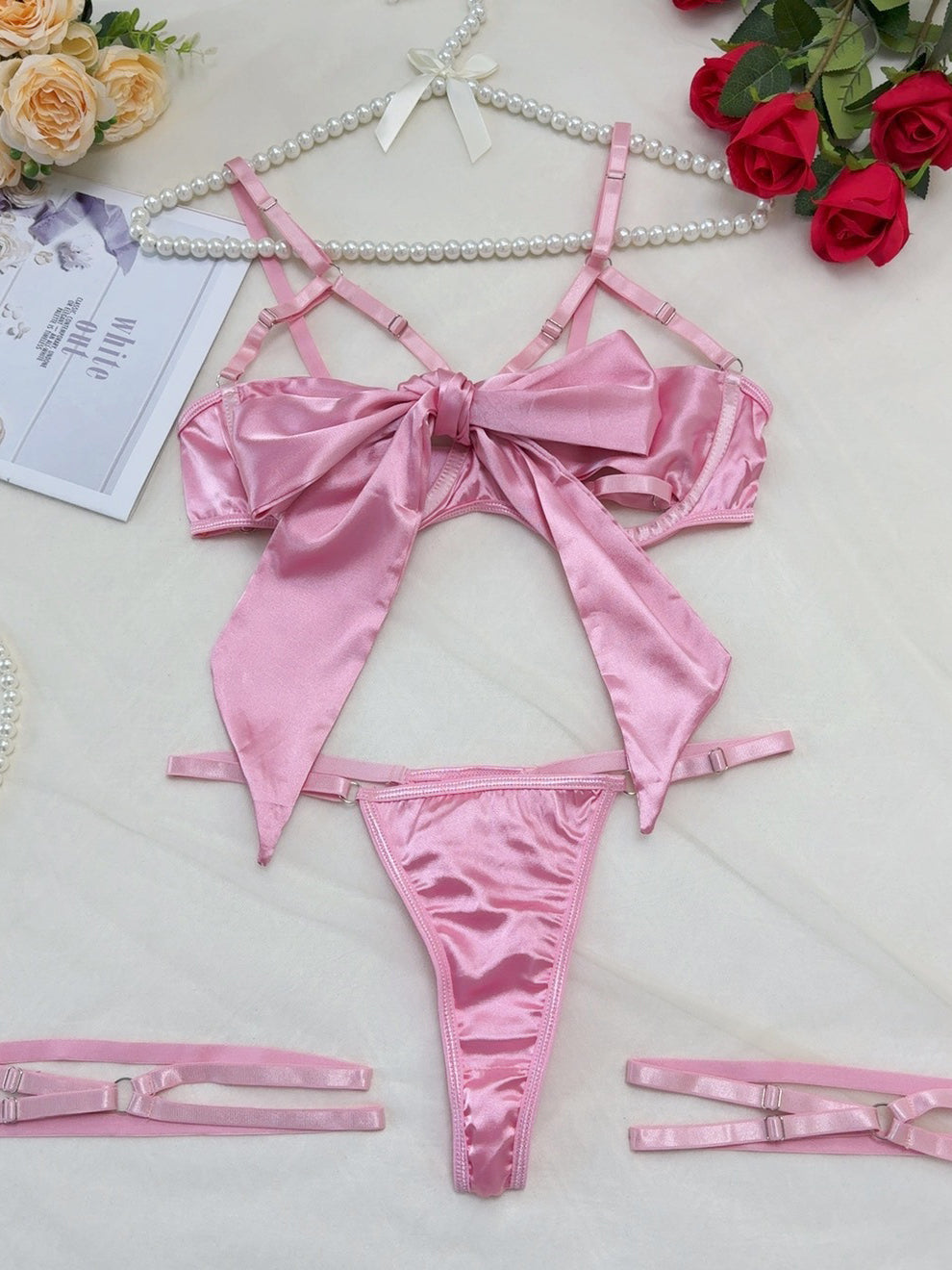 Erotic Satin Cut Out Bow Sexy Ladies Lingerie Set