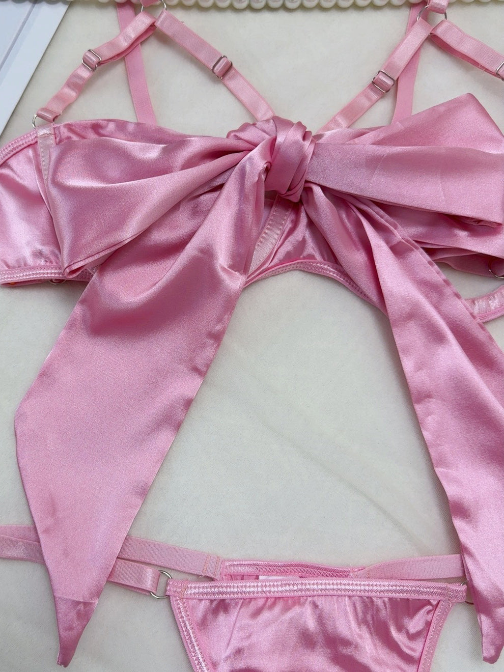 Erotic Satin Cut Out Bow Sexy Ladies Lingerie Set