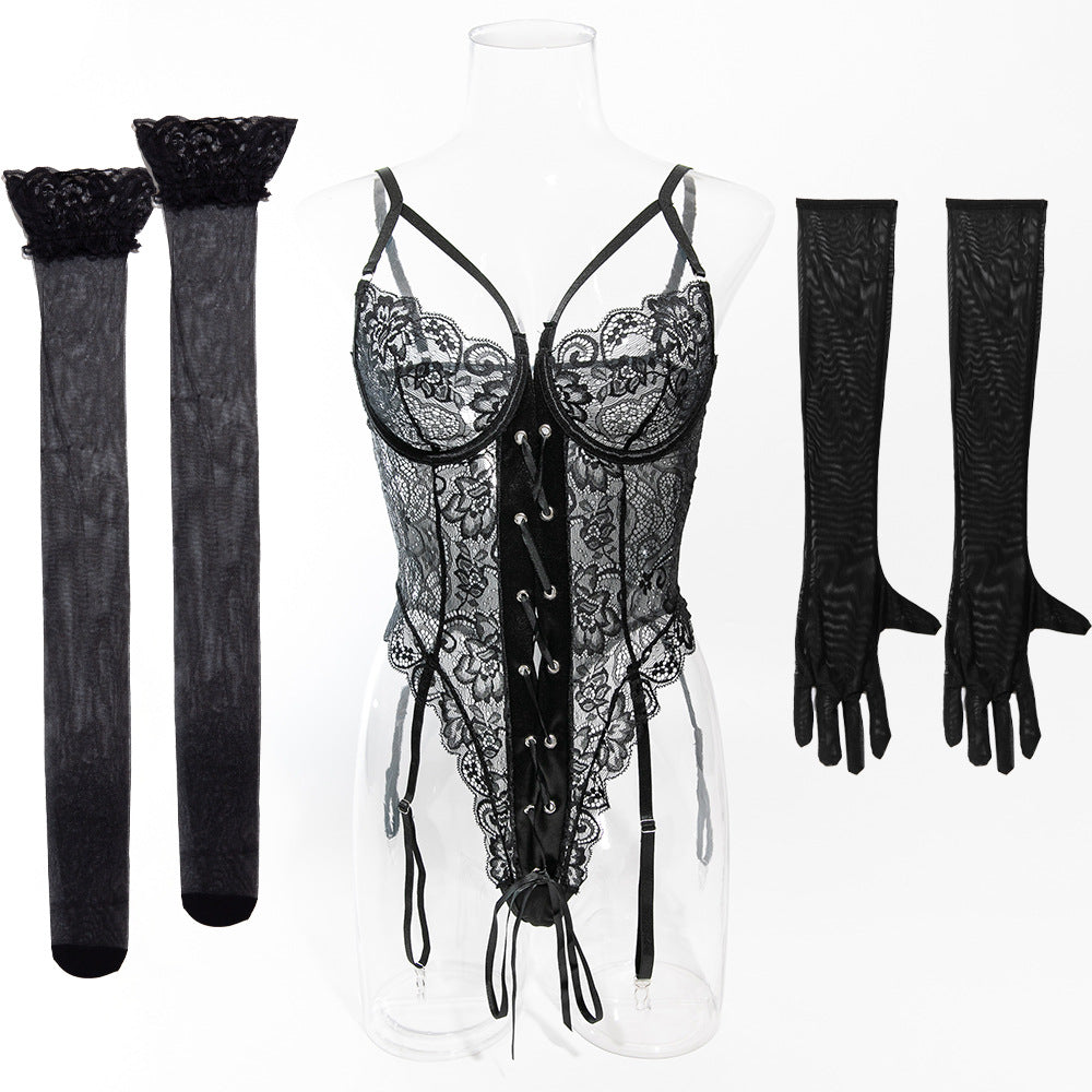 Sexy erotic bodysuit with lace trim, gloves and stockings