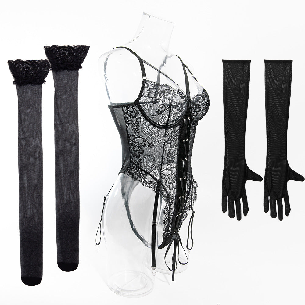 Sexy erotic bodysuit with lace trim, gloves and stockings