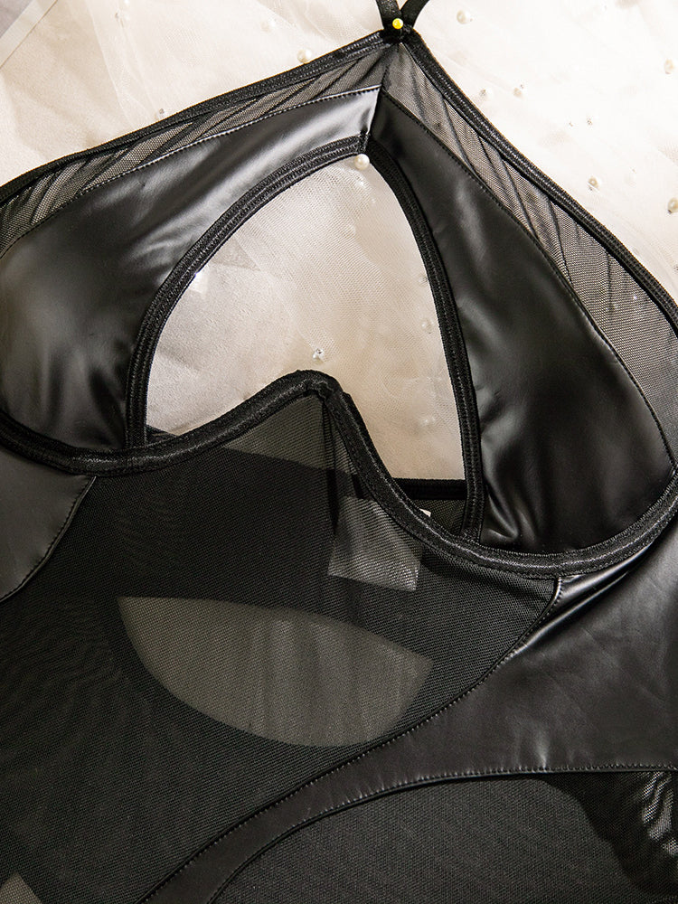 Sexy mesh PU leather heart bodysuit