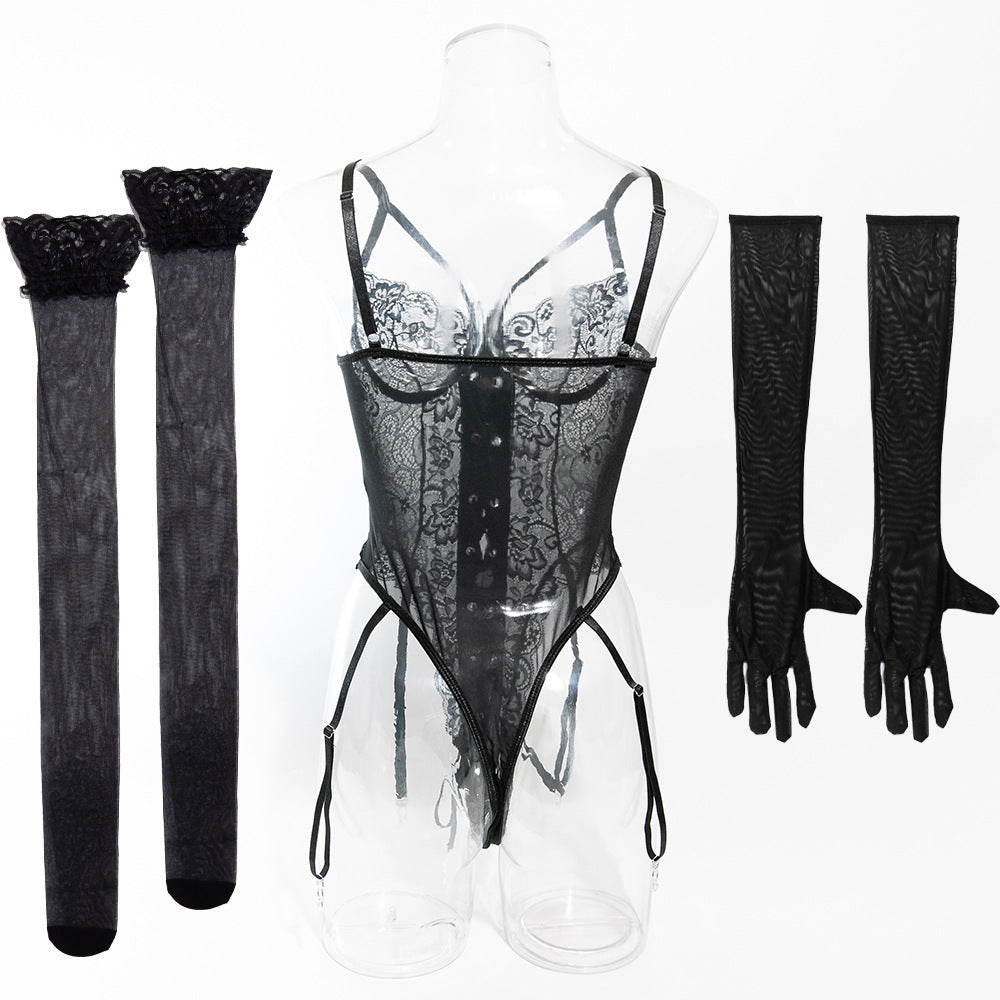 Sexy erotic bodysuit with lace trim, gloves and stockings