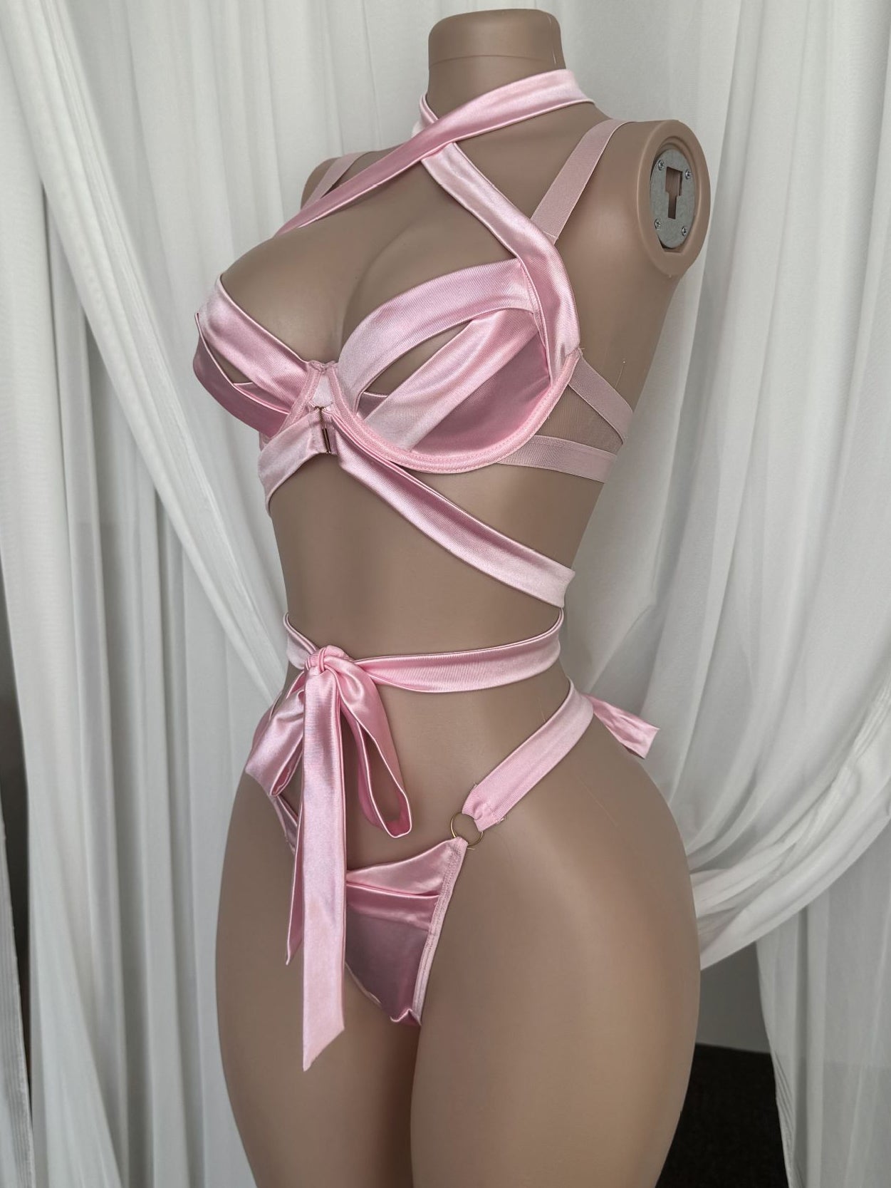 Bestselling New Summer Pink Satin Bow-Tie Lingerie Set