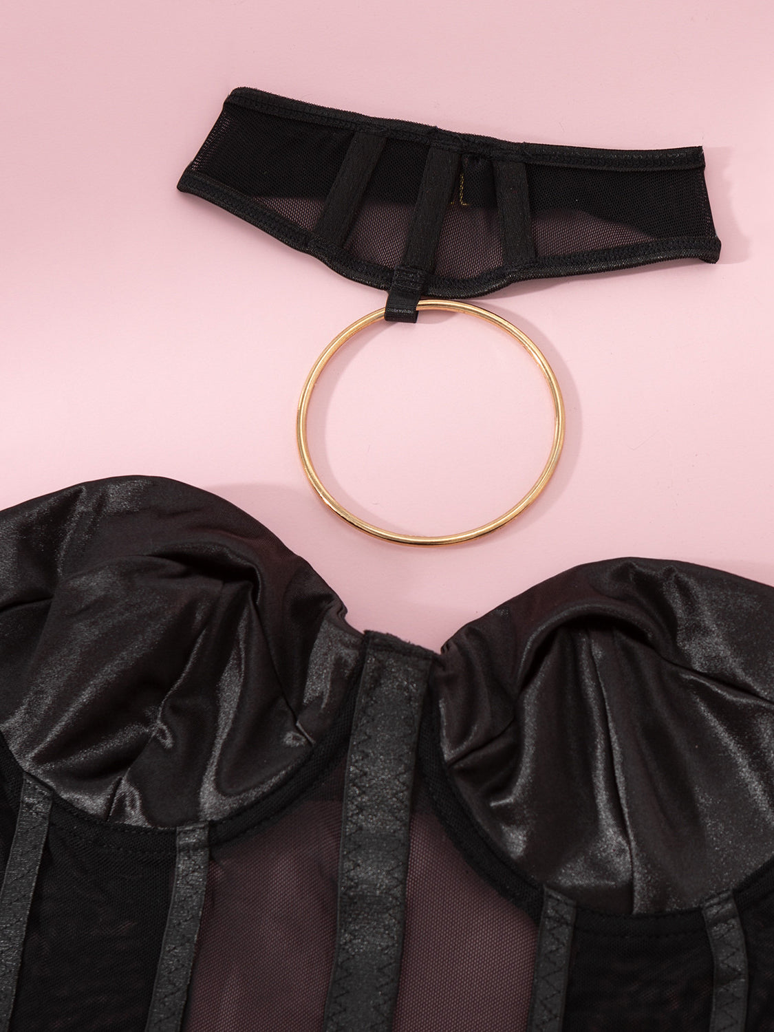 Sexy underwired mesh shapewear bodysuit set with leg rings.