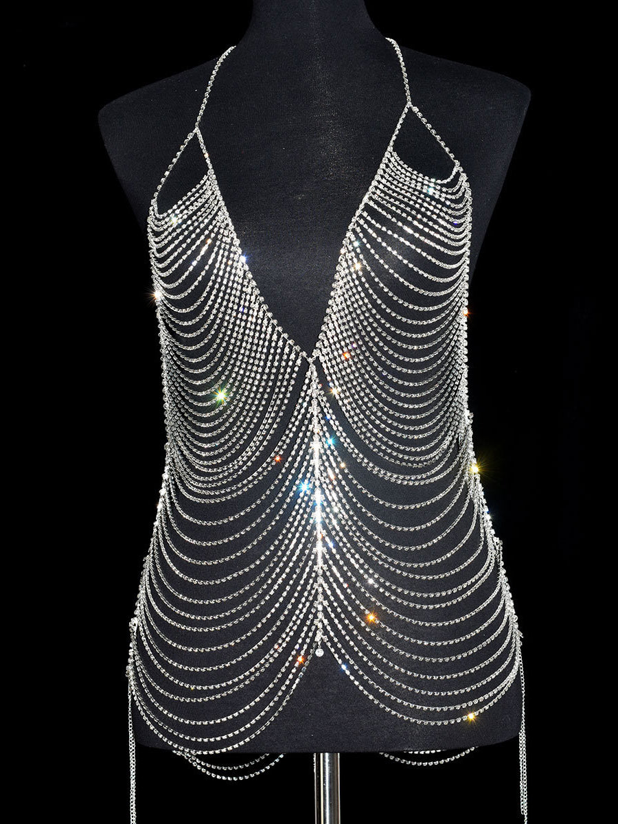 Sexy V-neck rhinestone dress body chain
