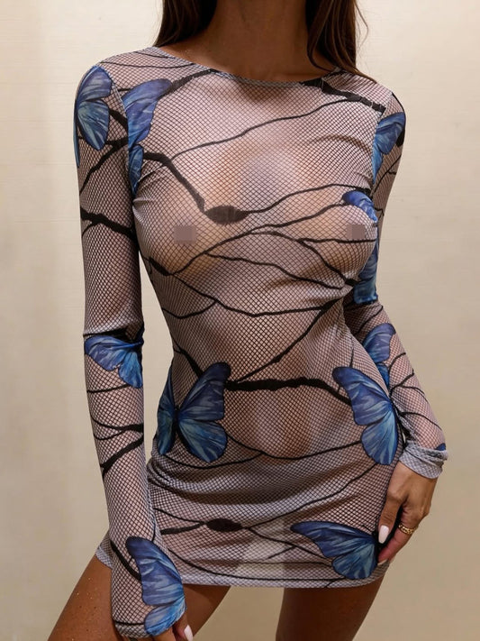 Sexy Sheer Long-Sleeve Dress with Butterfly Print and Thong Set