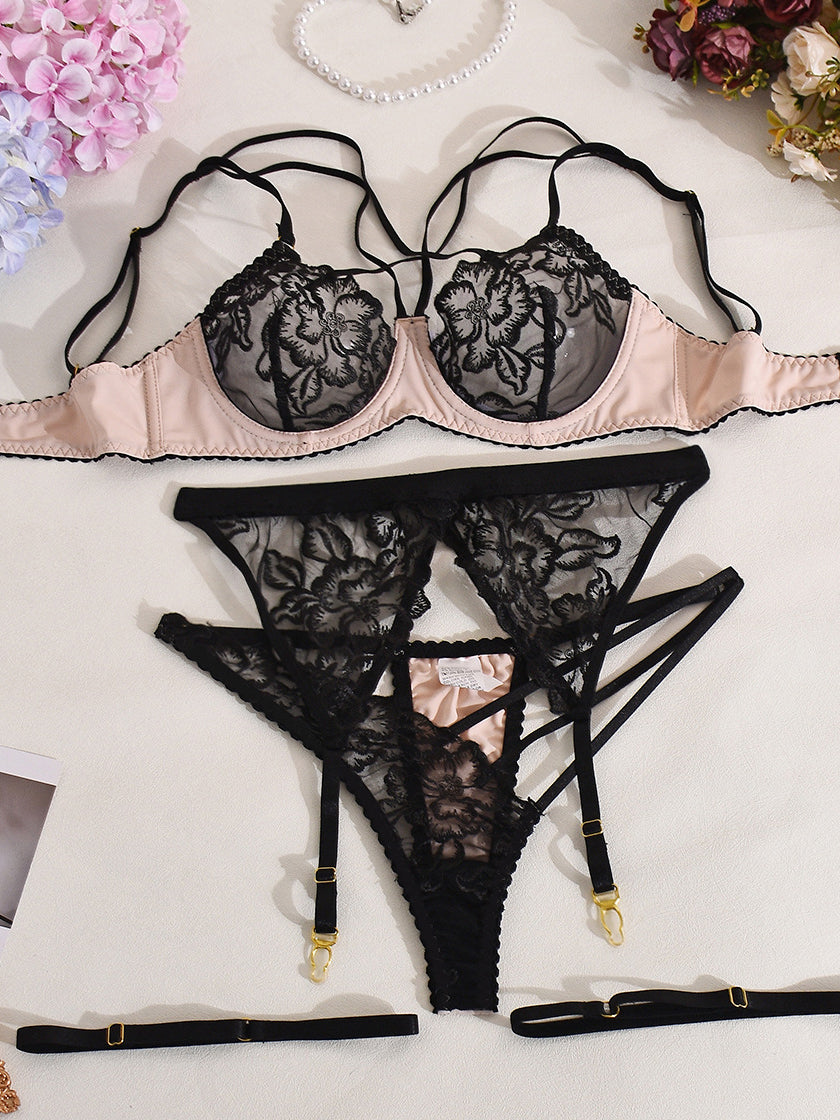 Sexy flower embroidered 4-piece underwear set
