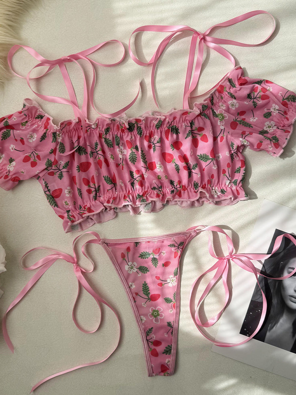 Ribbon off-shoulder cute pink cherry lingerie two-piece set