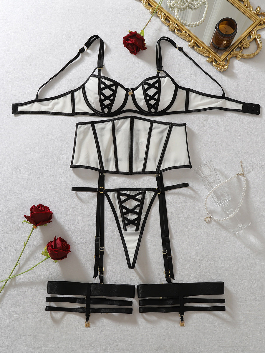 Sexy sheer mesh boned corset lingerie set