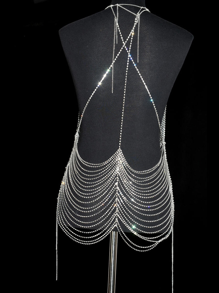 Sexy V-neck rhinestone dress body chain