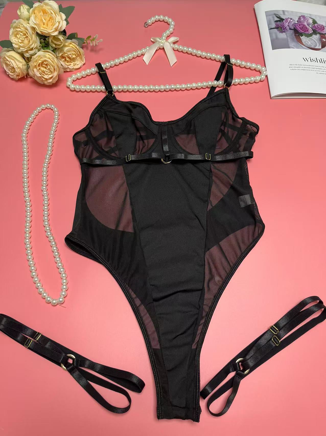 Mesh Paneled Backless Sexy Bodysuit-Black