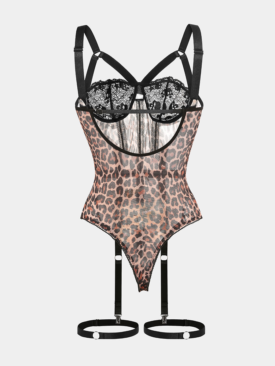 Leopard lace sexy bodysuit tight fit temptation underwear set