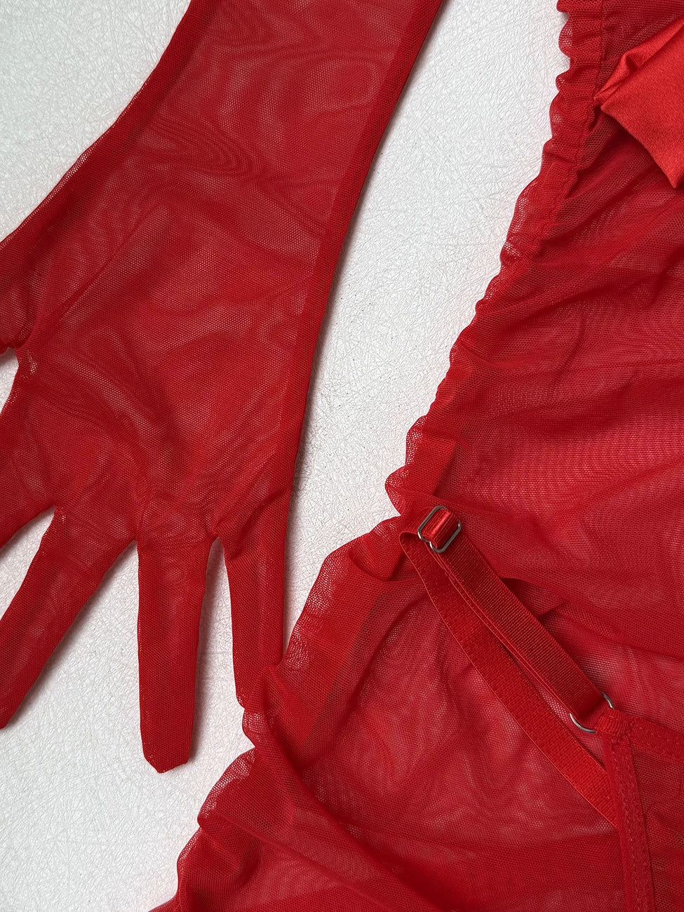 Sexy sheer mesh bow-accented lingerie set with matching gloves