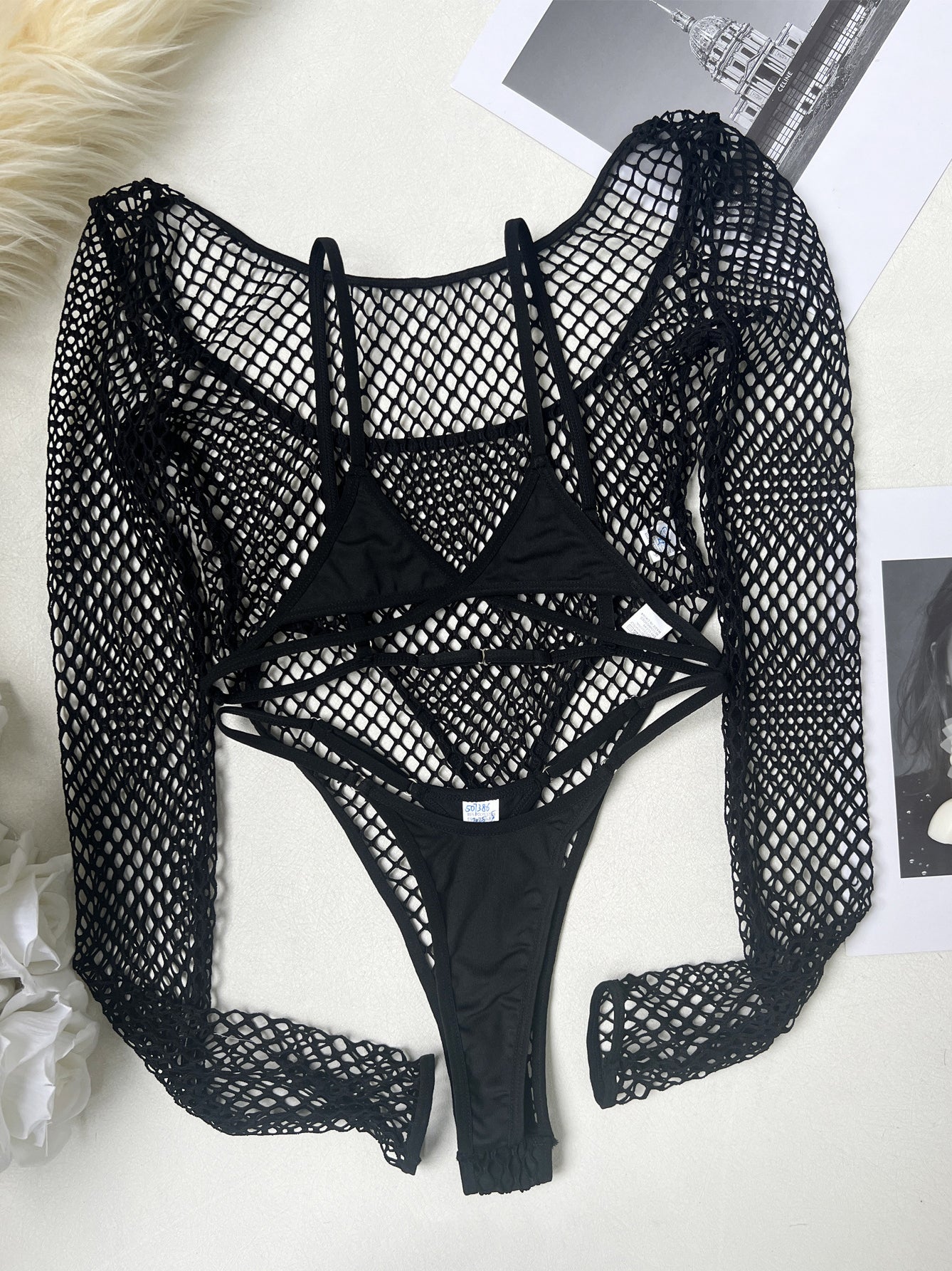 Sexy fishnet lingerie set (bodysuit, bra, and panties)