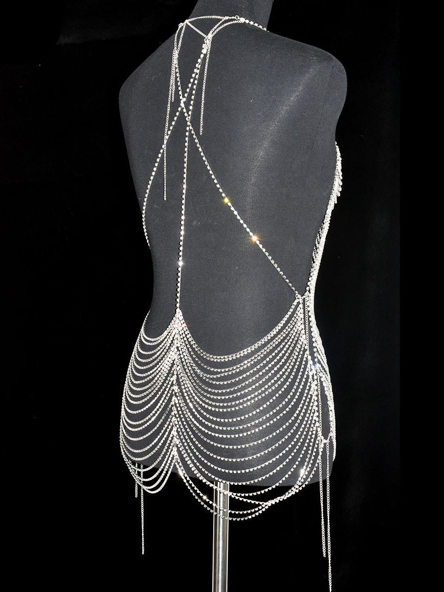 Sexy V-neck rhinestone dress body chain