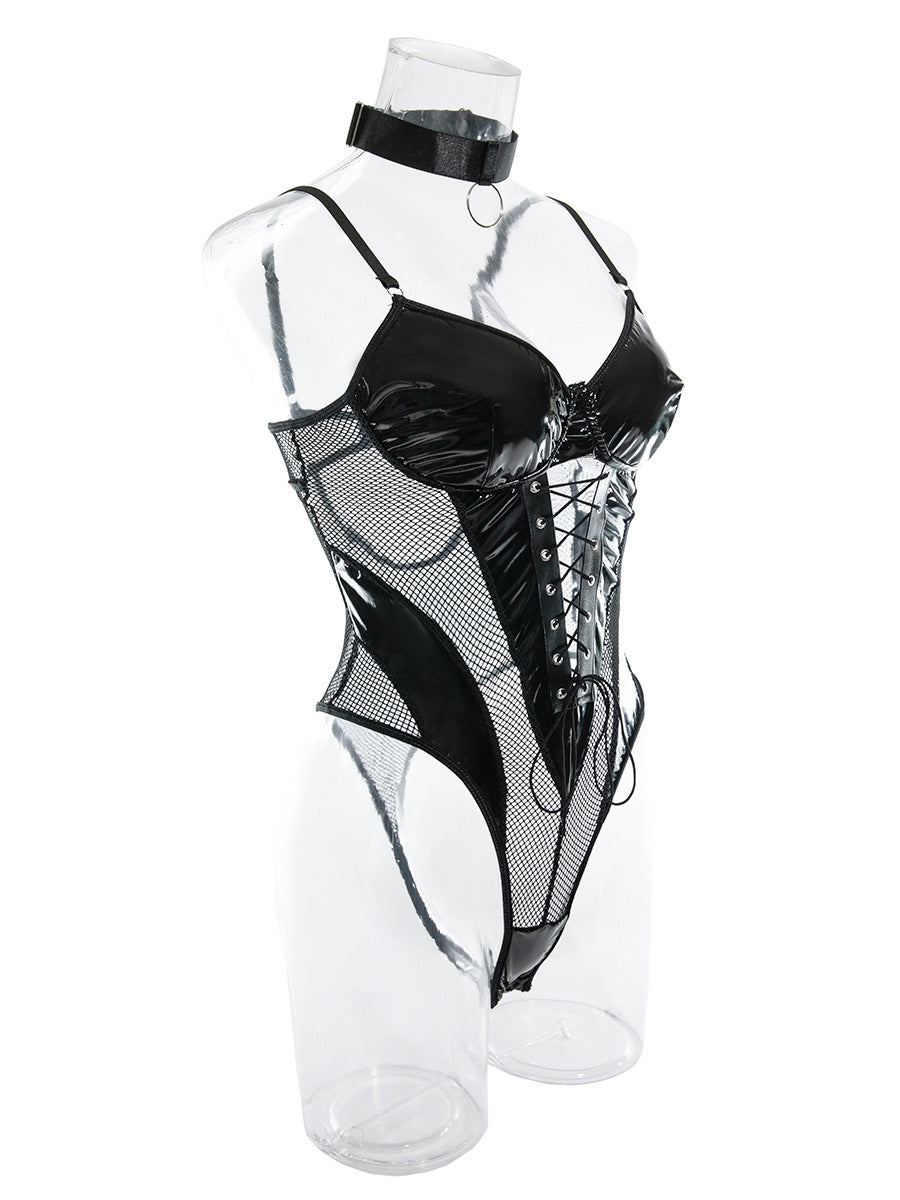 Sexy PU leather strappy sexy bodysuit set