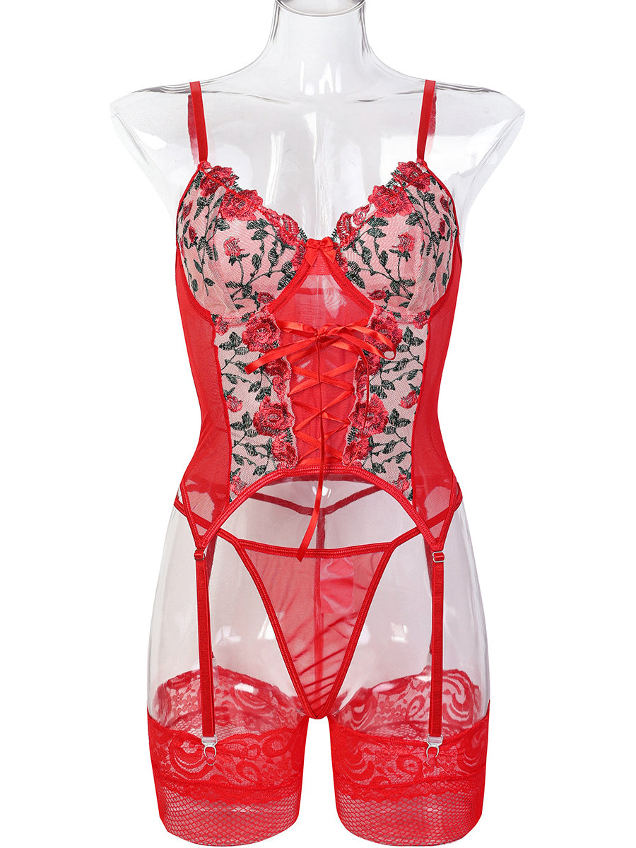Flower embroidery cross strap sexy lingerie fun red three piece set
