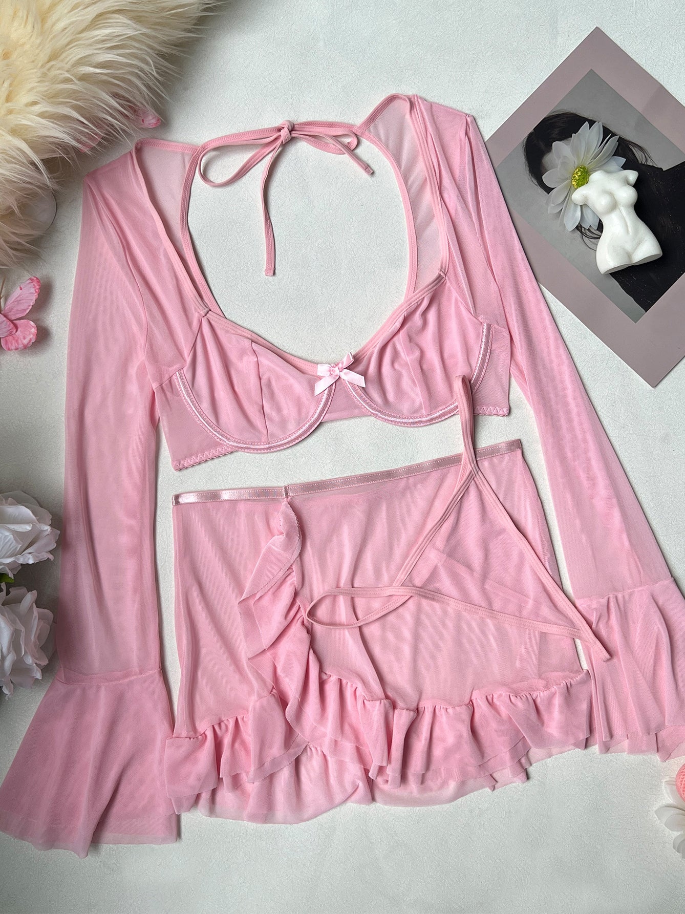 Sexy Pink Lace Bow Mesh Lingerie Three-Piece Set