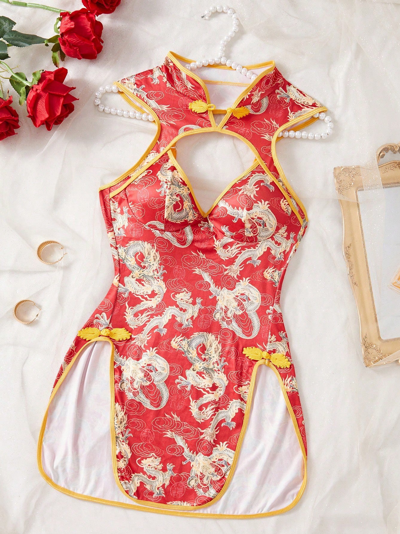 Sexy qipao-style lingerie dress with dragon print