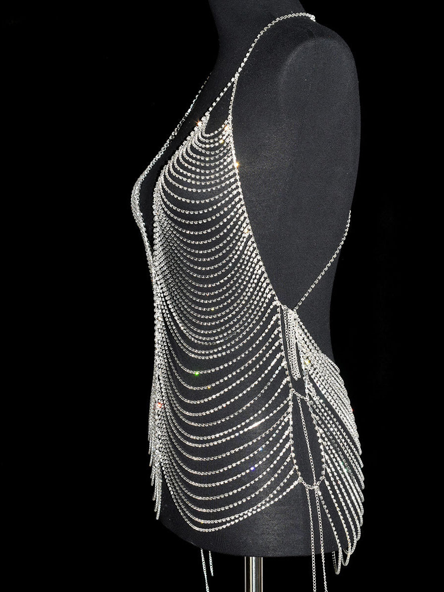 Sexy V-neck rhinestone dress body chain