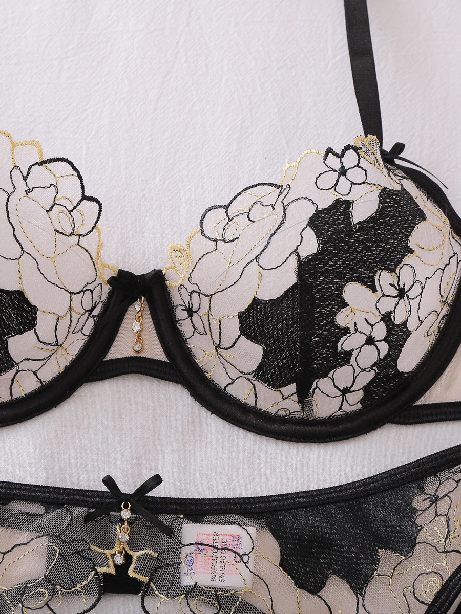 Floral Embroidered Bowknot Sexy Lingerie Set