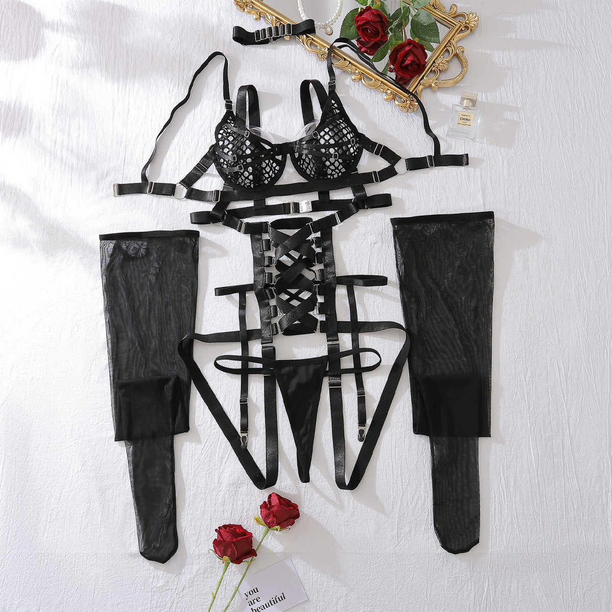 Hot selling sexy hollow bodysuit underwear five-piece set