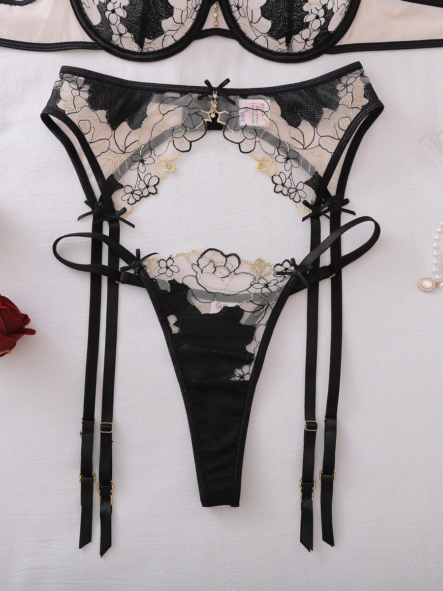 Floral Embroidered Bowknot Sexy Lingerie Set