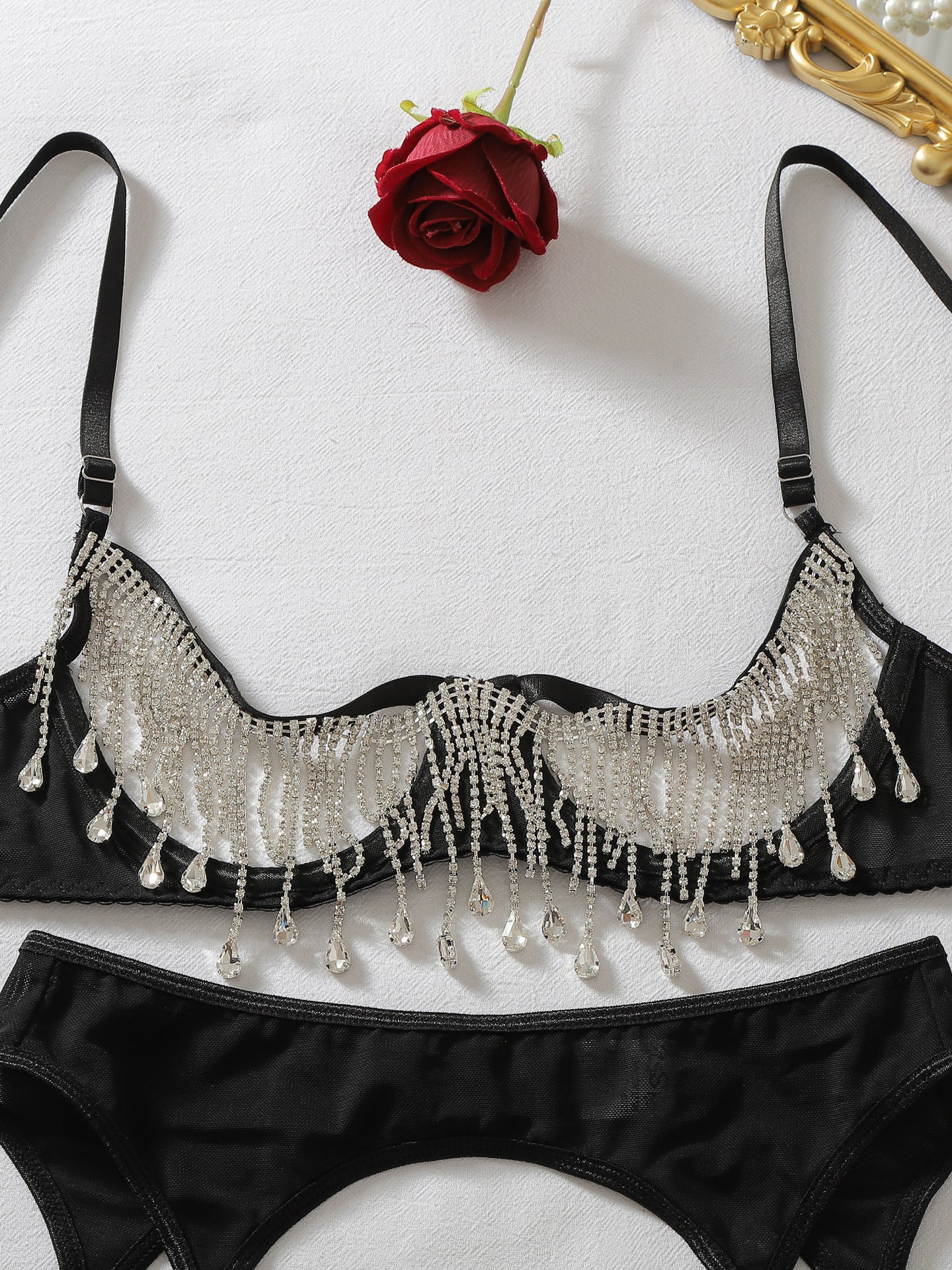 Sexy shapewear and stockings set featuring teardrop rhinestone tassel embellishments.